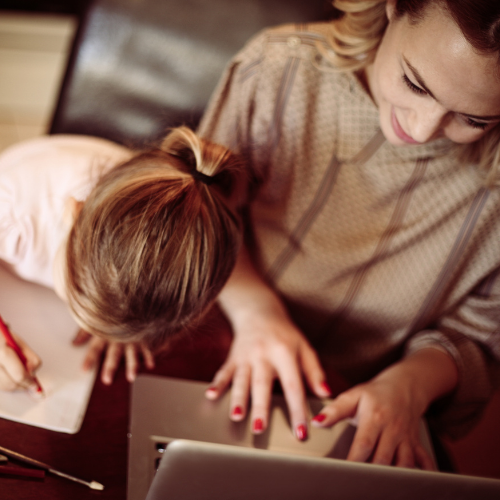 busy mom with daughter